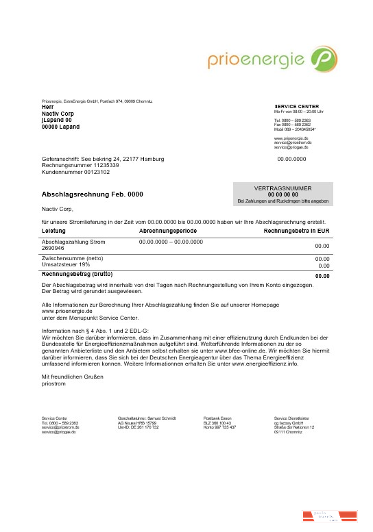 Germany Prioenergie proof of address business utility bill template in Word and PDF formats